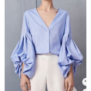 Alexis Blue and White Pinstripe Balloon-Sleeve Blouse